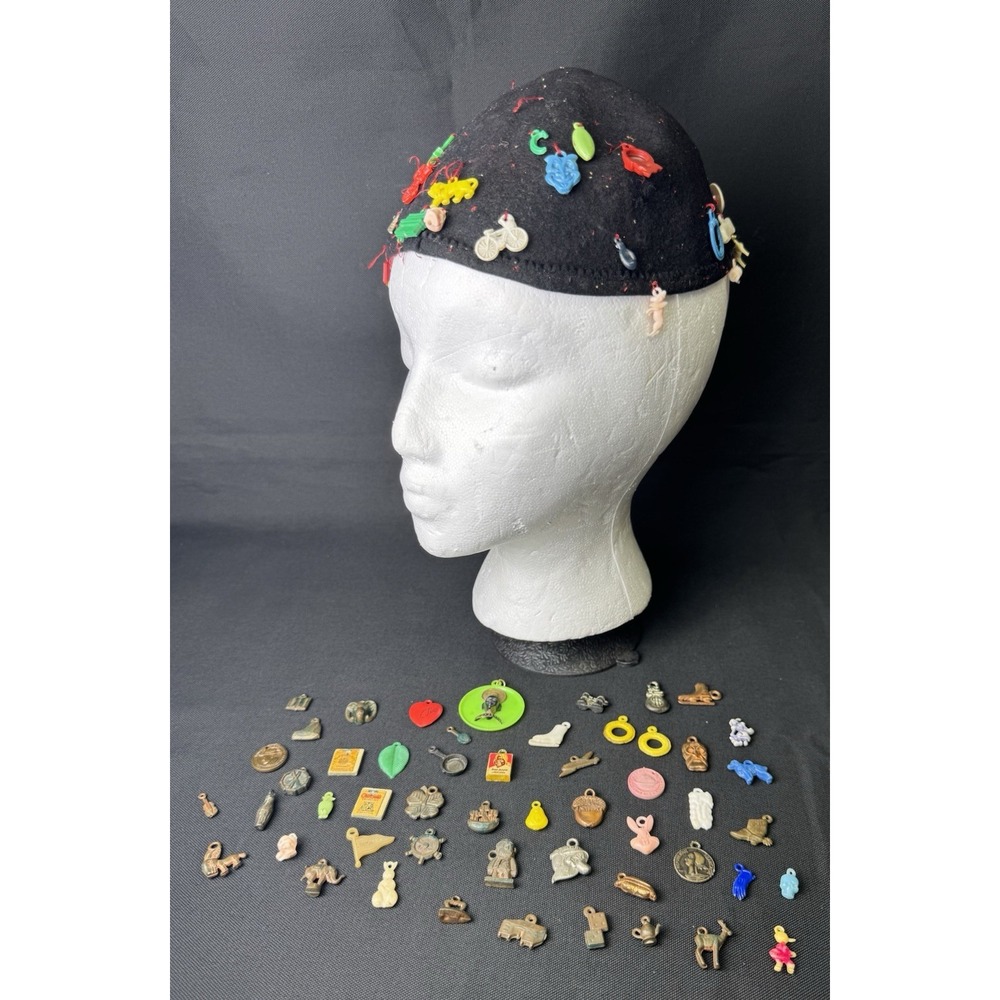 1950's Child's Felt Beanie with 75+ Cracker Jack Plastic Trinket Charms